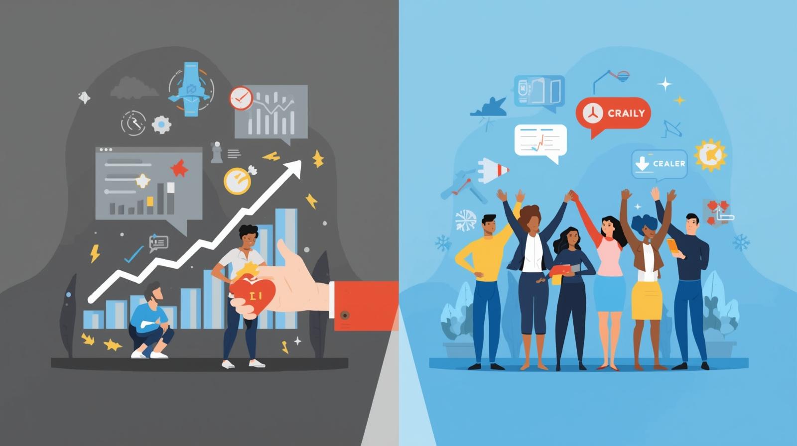 Visual comparison of successful vs. failed digital marketing strategies for small business growth.