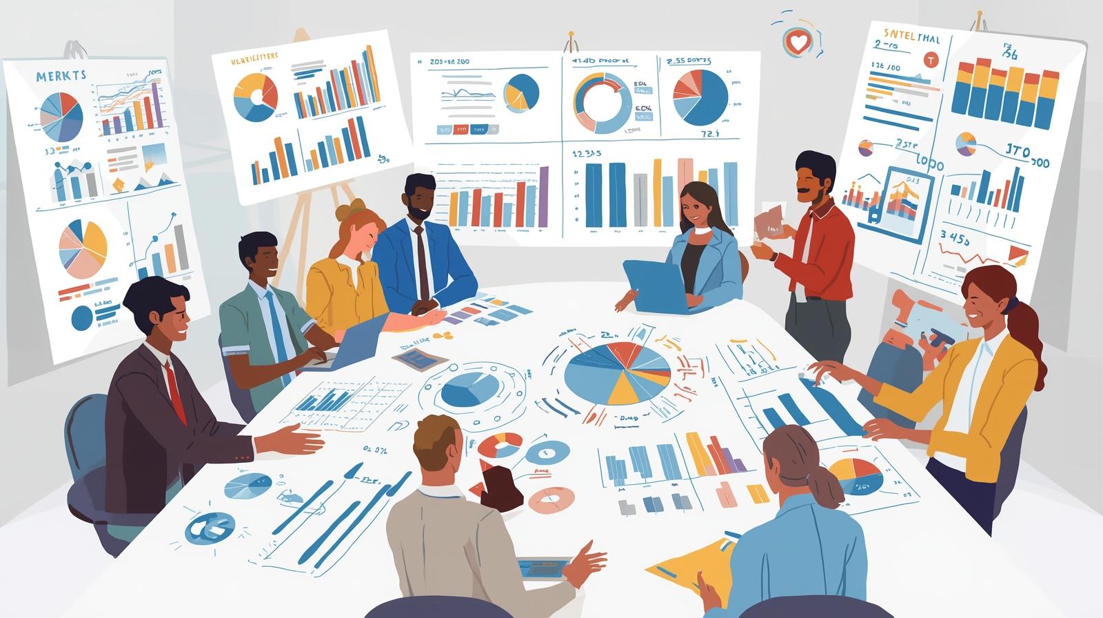 Marketers creating detailed buyer personas as part of a marketing plan, with charts, demographics, and engagement icons.