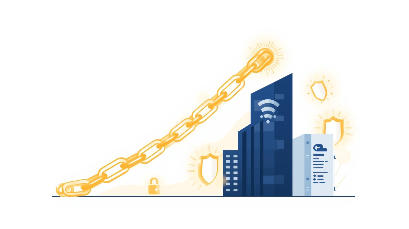 Minimal flat illustration of link building and authority in SEO. A chain of strong, golden links connecting to a tall building shaped like a website, symbolizing credibility and trust. Subtle glowing shield icons represent security and authority. Clean, modern style with white background, blue and gold accents, no text.