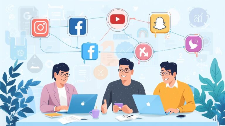 Illustration of a growing digital network: interconnected social media icons forming a web of connections with arrows, graphs, and people collaborating. Emphasize growth, engagement, and analytics. Modern, bright, professional style for a social media marketing article