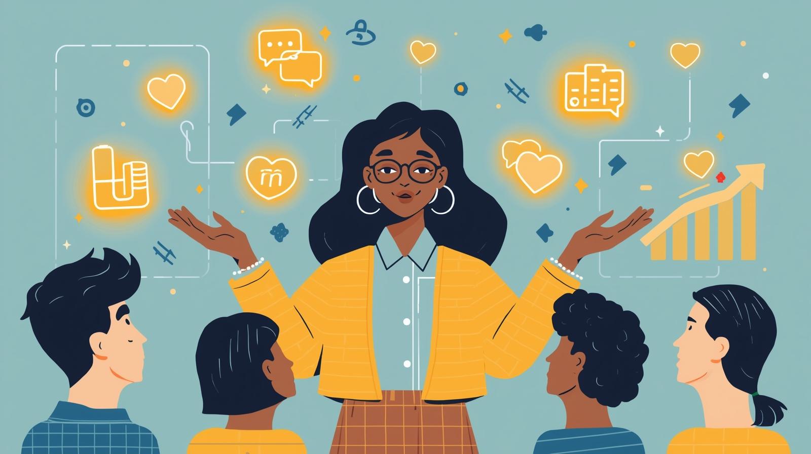 Illustration of a female influencer engaging her audience on social media, with icons of trust, likes, comments, shares, and growth charts, symbolizing how influencer marketing drives engagement and sales.