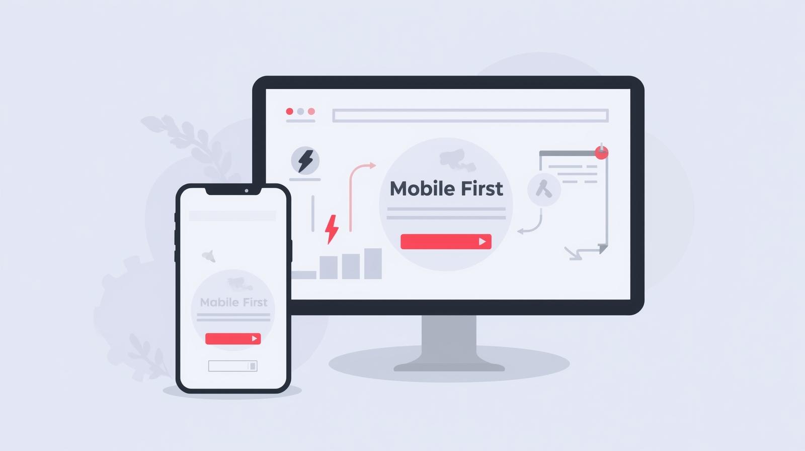 Mobile-friendly website layout on desktop and smartphone screens with a clear call-to-action button, SEO icons, and speed symbols.