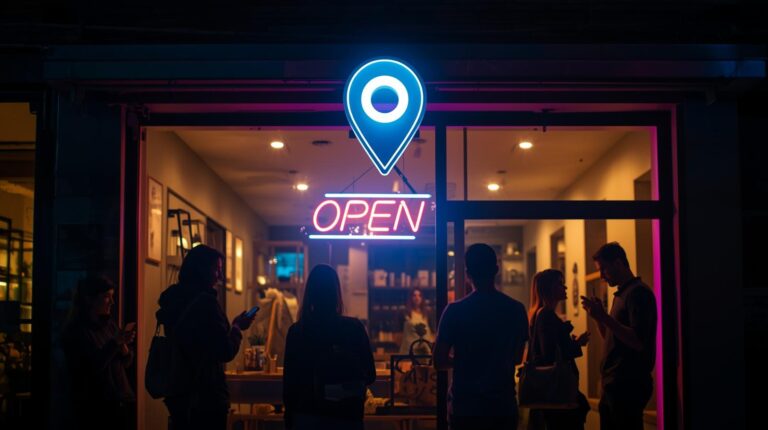 A small business storefront with customers using smartphones and a digital map pin above the shop, symbolizing local SEO visibility