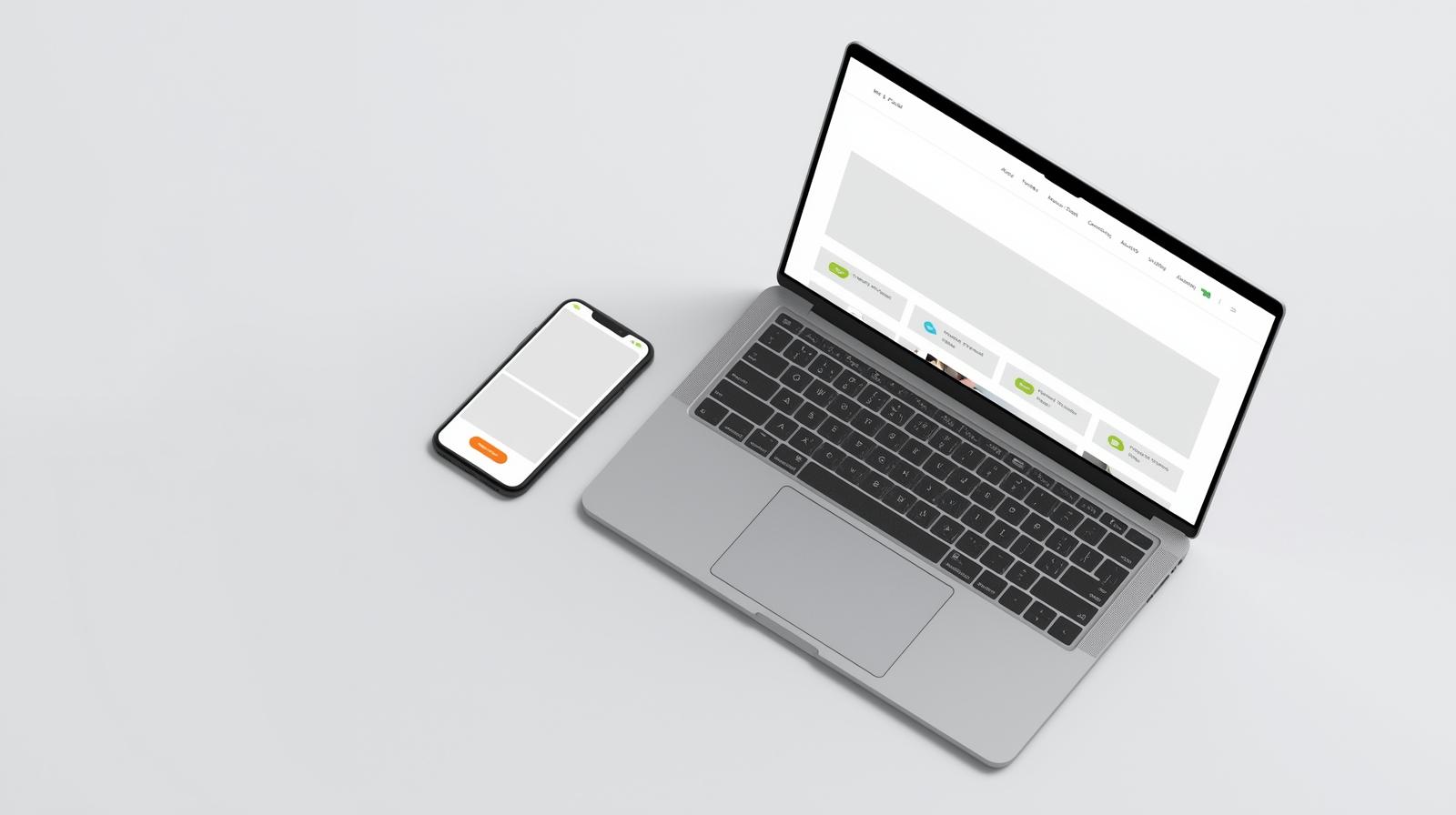 Photorealistic smartphone and laptop side by side displaying the same web page mockup, with a clear visual hierarchy, blank headline space, unlabeled call-to-action button, placeholder text blocks, and clean modern layout without any text.