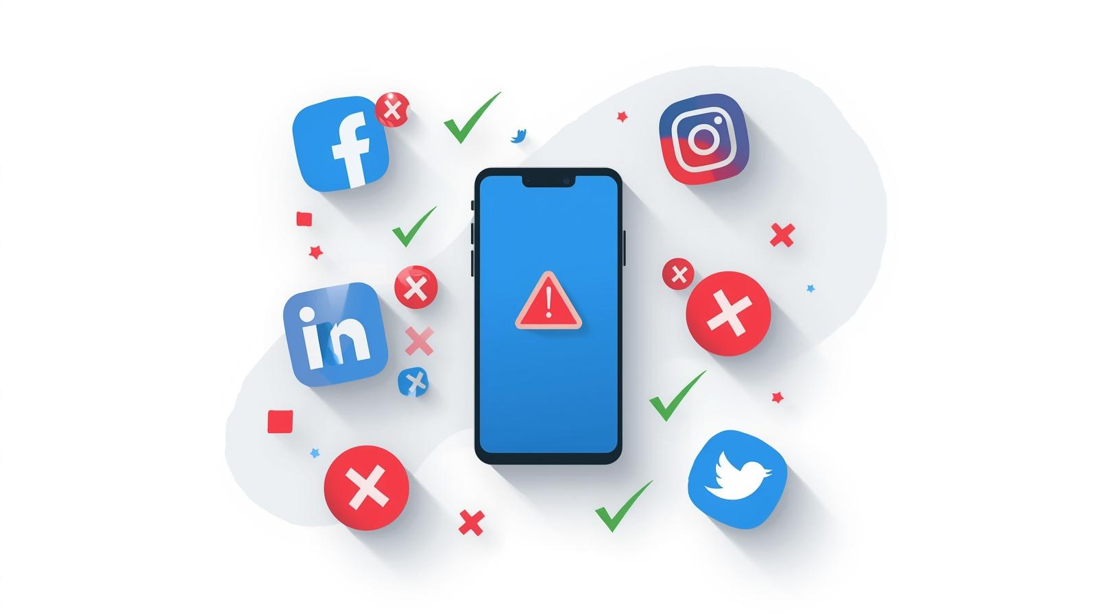 Flat lay illustration of a smartphone with social media icons, warning signs for mistakes, and check marks for best practices