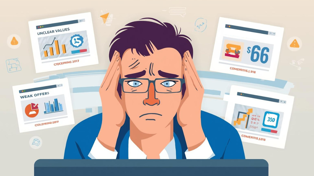 Marketer reviewing underperforming paid ads with weak or unclear offers, highlighting low clicks and conversions.