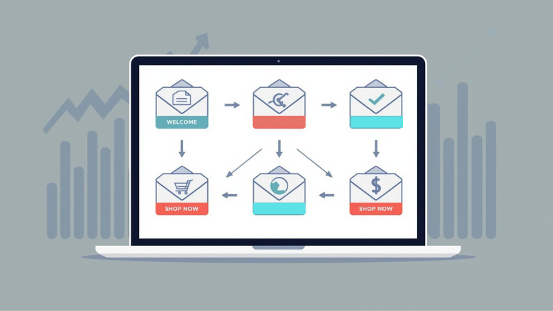 Laptop screen showing automated email sequences with CTAs, flowchart arrows, and analytics charts, symbolizing ROI-driven email marketing automation.