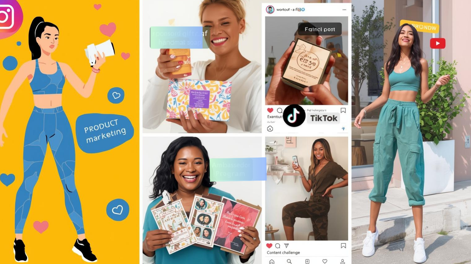 Collage showing different types of influencer marketing: a fitness influencer recording a reel with workout gear, an eco-friendly influencer unboxing handmade soap, a coffee influencer sharing recipes as a brand ambassador, and a fashion influencer hosting an outfit challenge on TikTok.