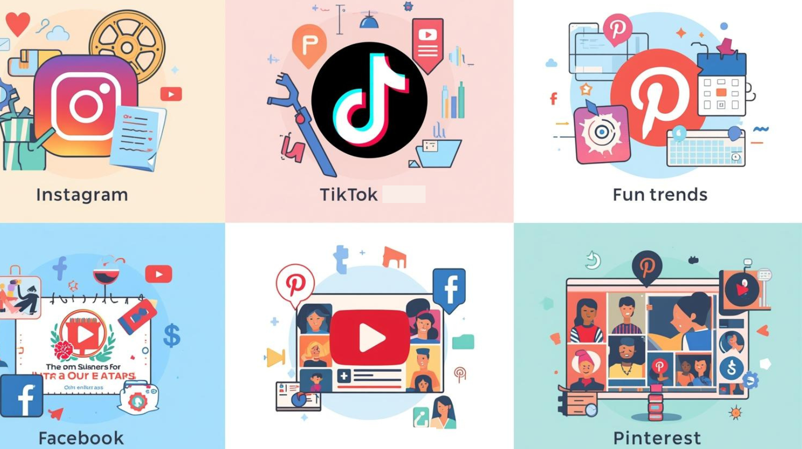 Infographic-style illustration of the best platforms for influencer campaigns—Instagram for lifestyle reels, TikTok for viral challenges, YouTube for tutorials, Facebook for community engagement, and Pinterest for visual boards.
