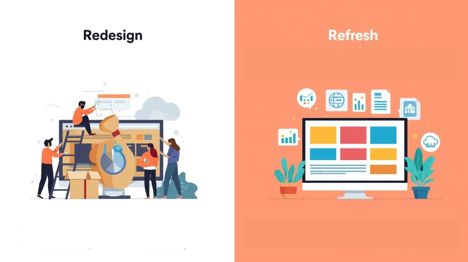 Visual of redesign vs refresh: outdated site being rebuilt contrasted with modern site receiving light adjustments