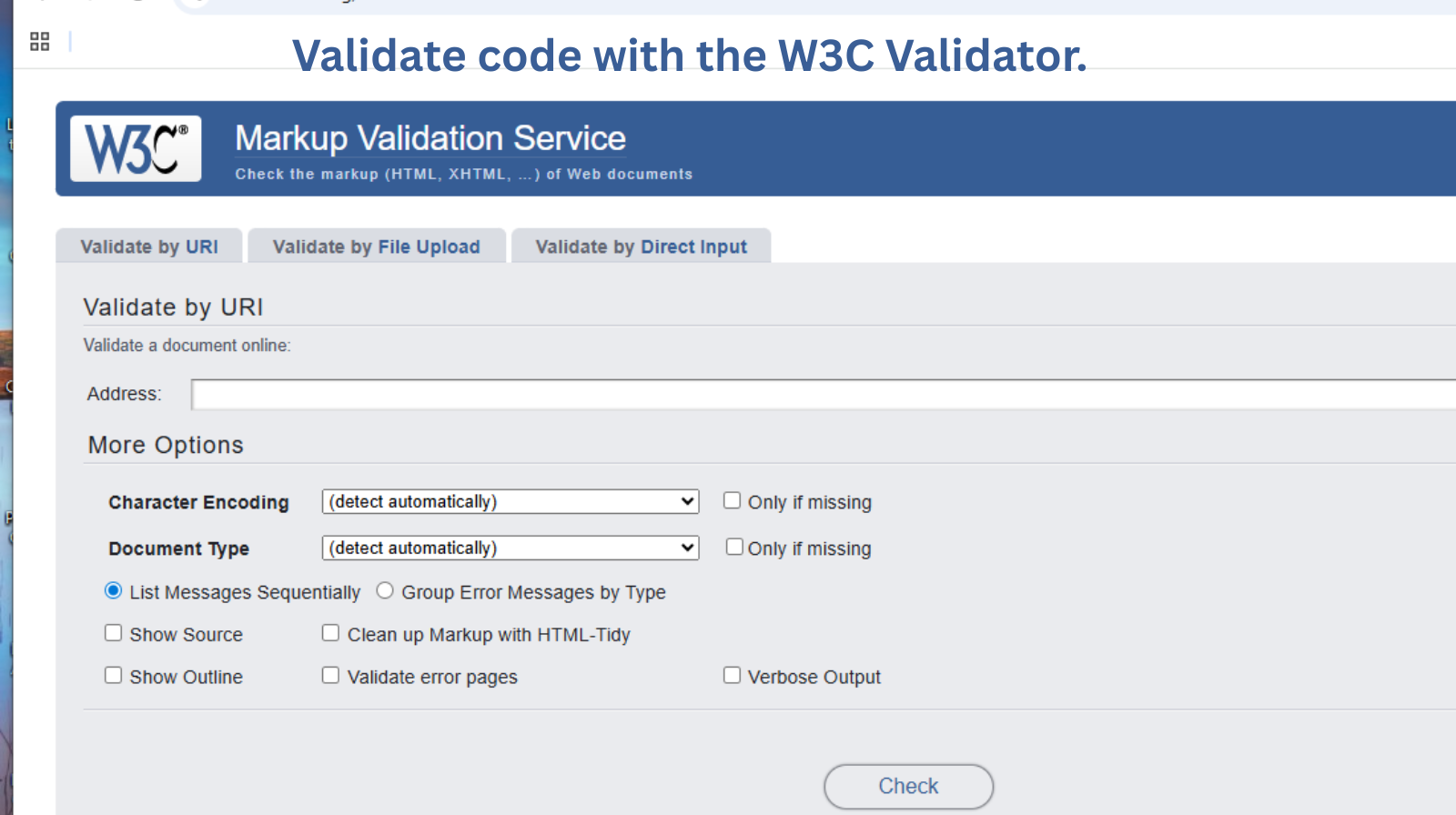 Screenshot of the W3C Validator tool interface