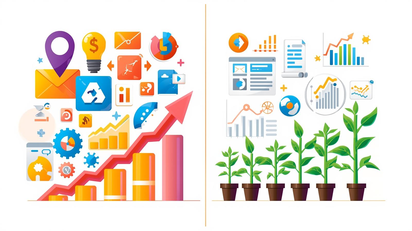 Comparison of paid advertising and organic growth showing immediate digital ad results versus long-term sustainable traffic and ROI."