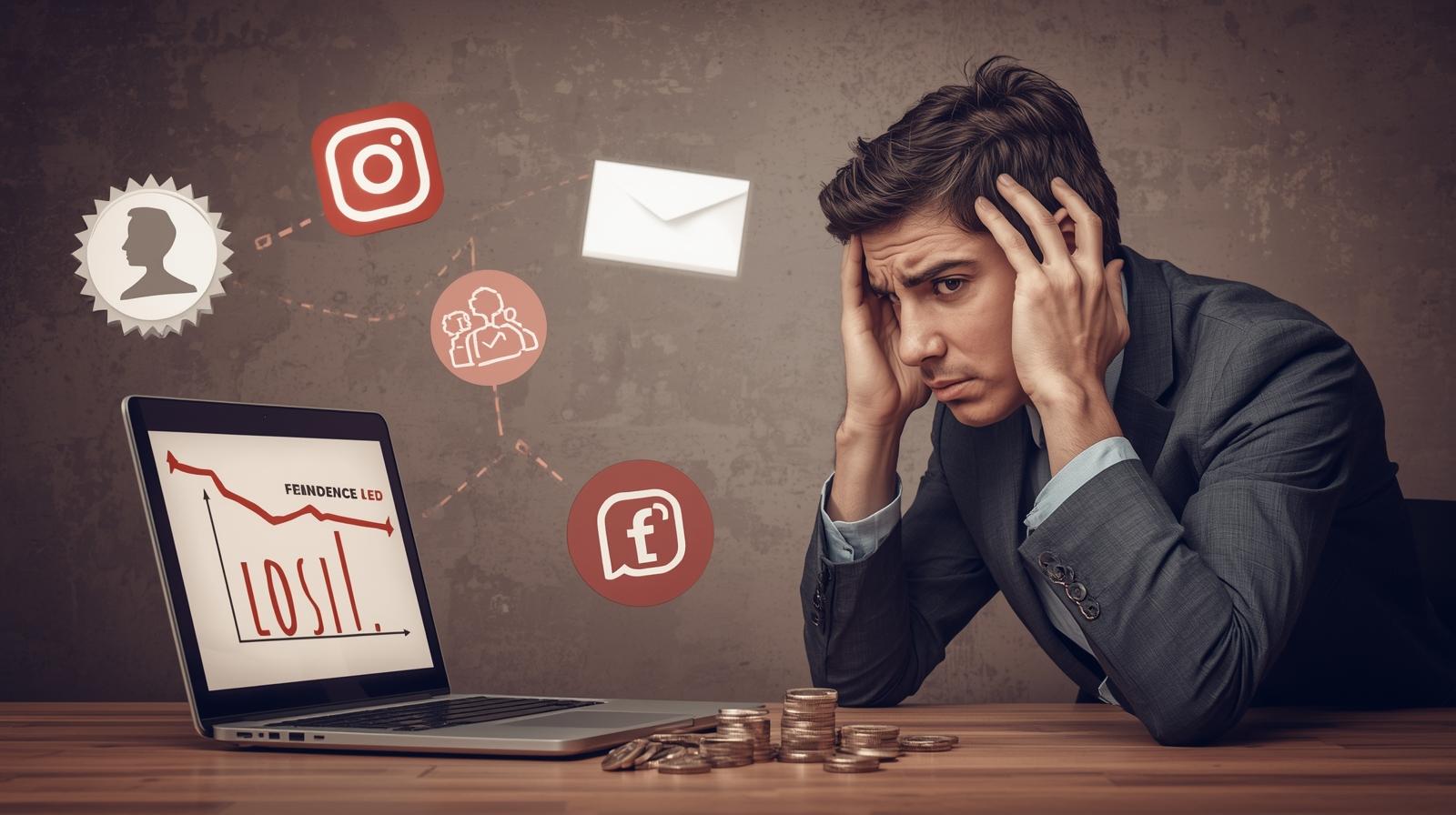 Frustrated marketer viewing declining engagement metrics on a laptop, surrounded by mismatched influencer-audience graphics and wasted ad spend icons, symbolizing common mistakes in influencer marketing