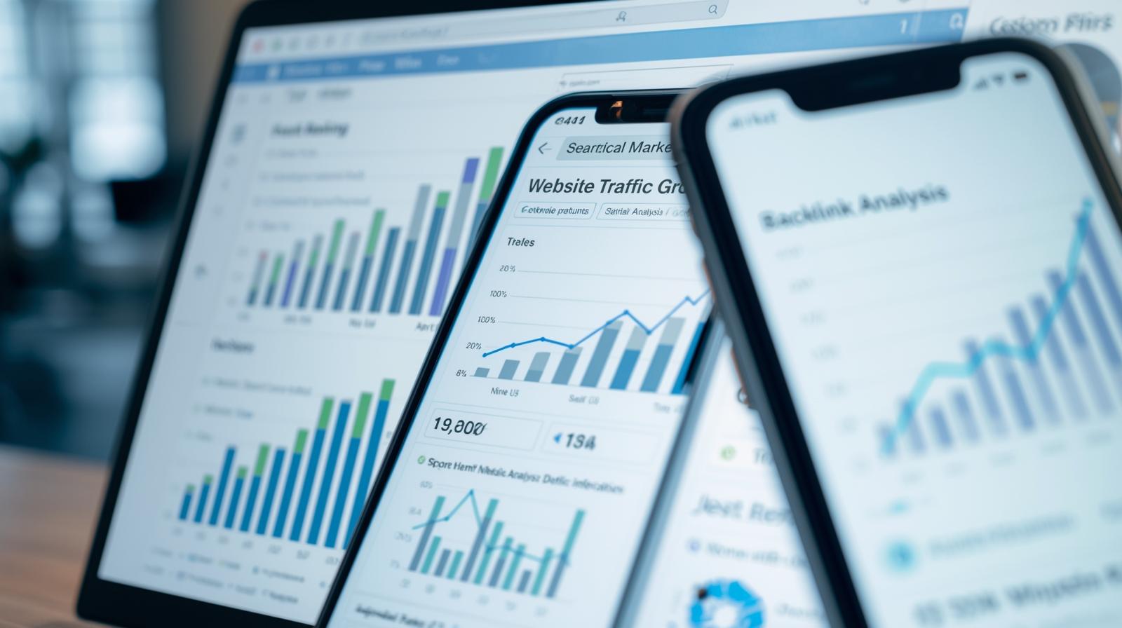 Website and mobile screens displaying SEO and analytics elements including ranking, links, and growth charts.