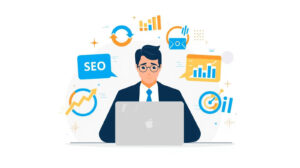 Illustration of a businessman analyzing digital marketing data on laptop with SEO, social media, email, and analytics icons in a flat illustration.