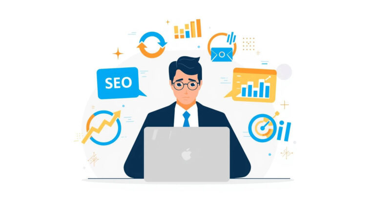 Illustration of a businessman analyzing digital marketing data on laptop with SEO, social media, email, and analytics icons in a flat illustration.