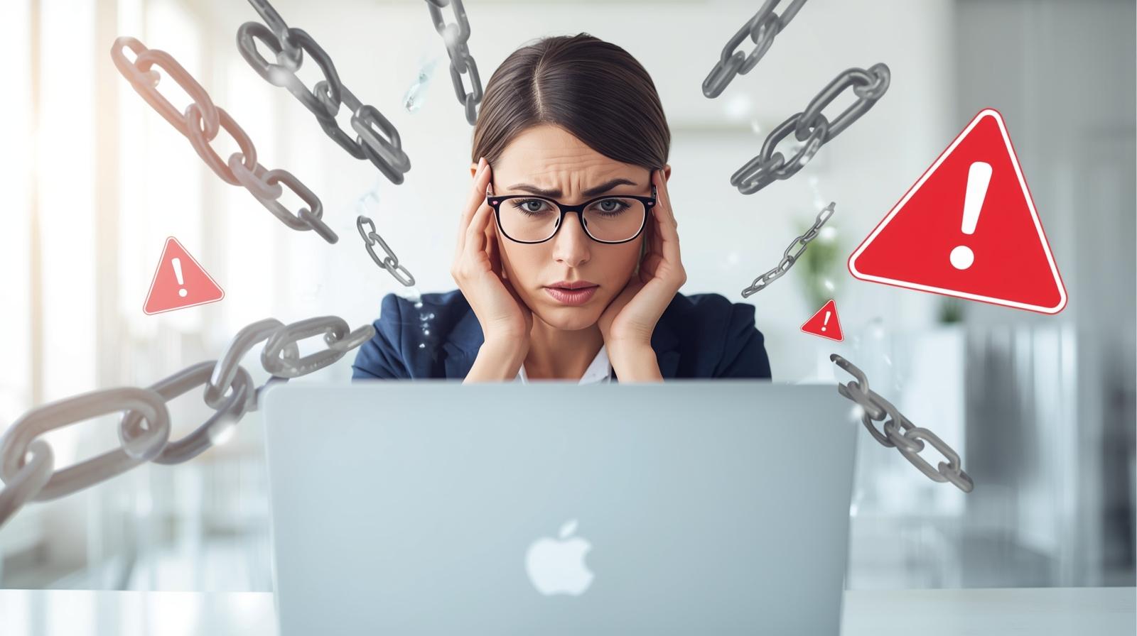 Frustrated business professional looking at laptop with broken chain links, symbolizing SEO link building mistakes