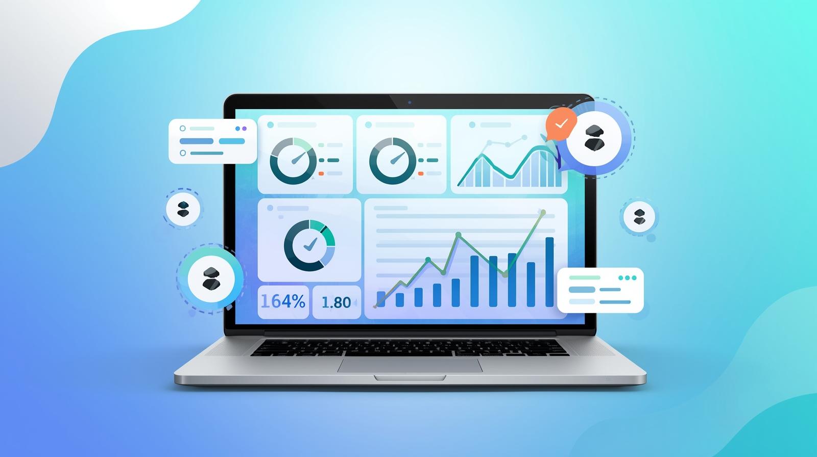 3D illustration of a laptop displaying website speed, responsiveness, and layout stability metrics, representing Core Web Vitals and Page Experience report in Google Search Console.