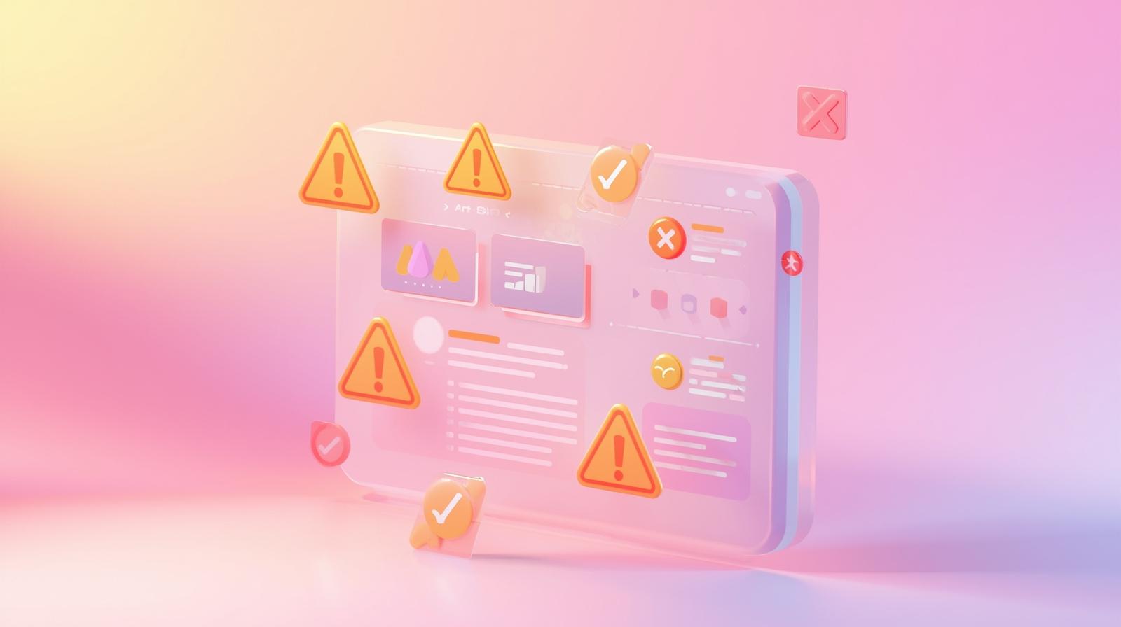 3D concept art showing a simplified website interface with warning signs and checkmarks symbolizing design dos and don’ts.
