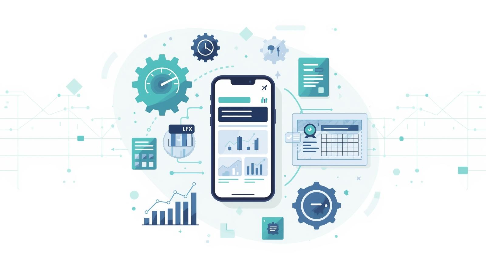 Smartphone showing a website interface with icons for page speed, responsive design, structured data, and analytics, representing strategies to optimize a site for mobile-first indexing and SEO performance.