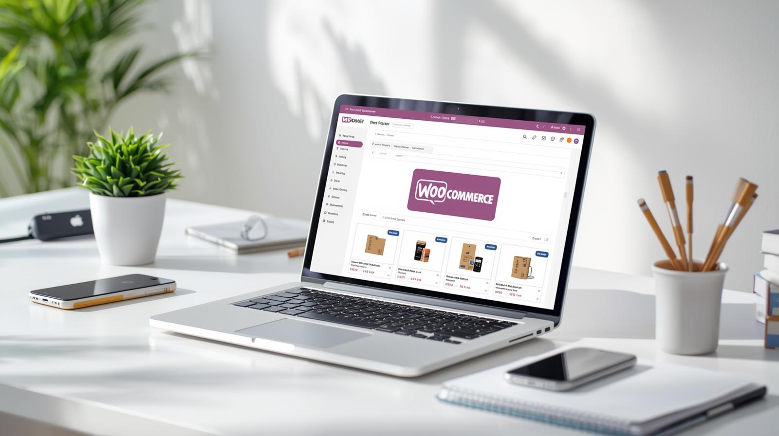 Beginner-friendly WooCommerce online store setup in 2025 with laptop showing dashboard, products, and analytics.