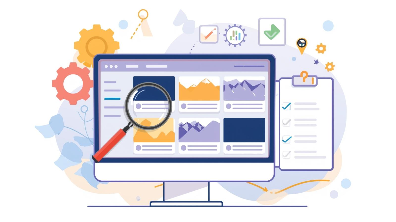 Illustration of auditing website images with alt text and SEO tools on a computer screen