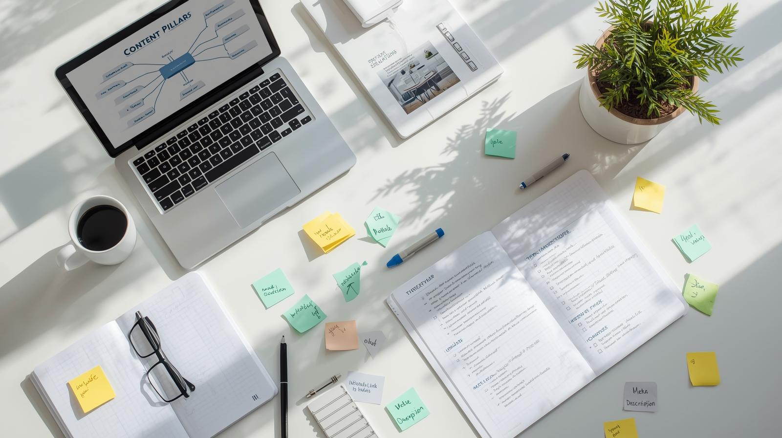 A flat-lay of a modern workspace featuring a laptop, checklist, and sticky notes labeled with SEO and content strategy terms.