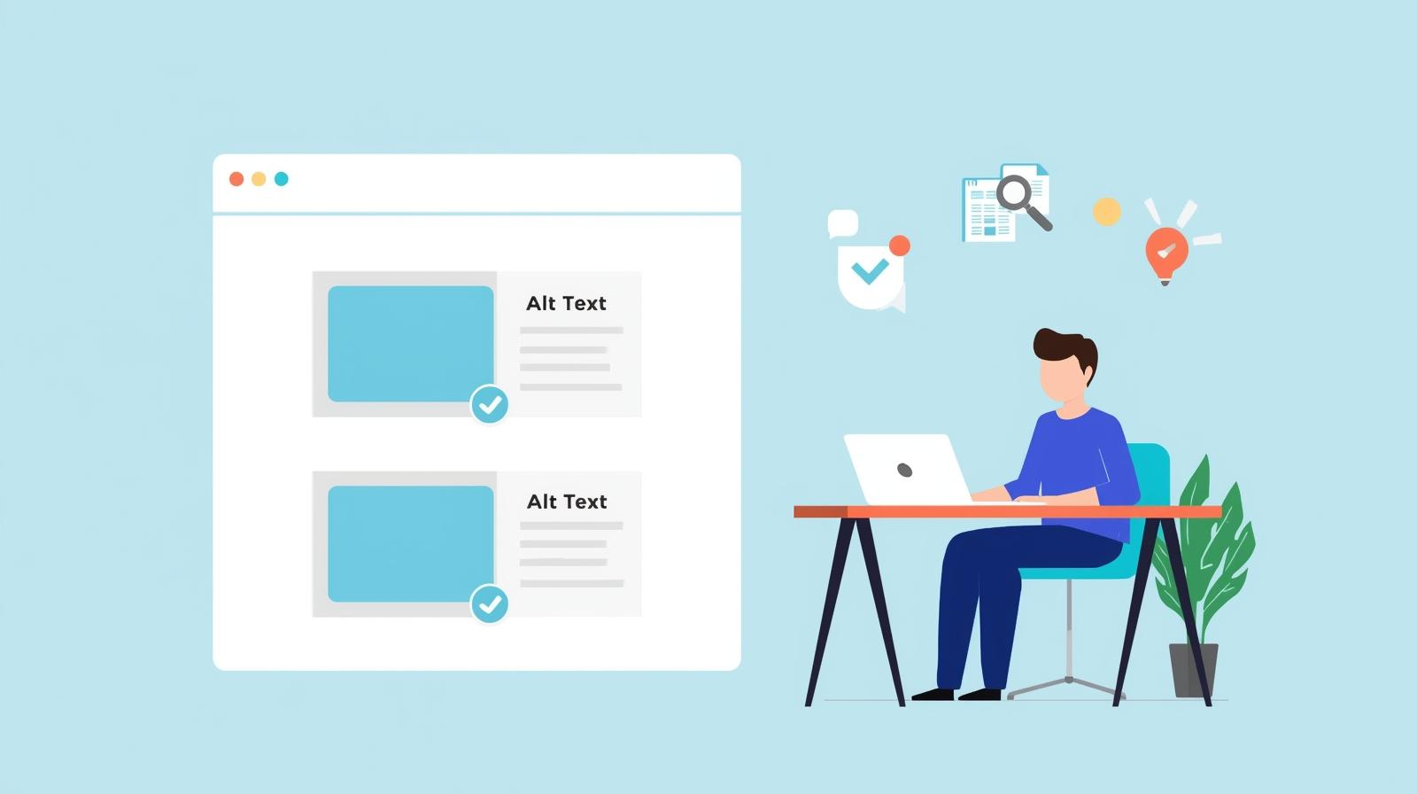 Web page with images showing concise alt text and SEO icons illustrating best practices for accessibility and SEO