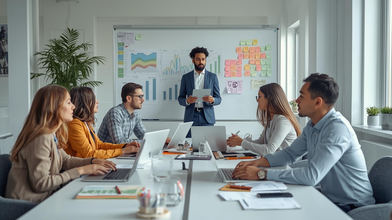 Marketing team collaborating in an office with laptops, charts, and content calendars, planning a content strategy for brands to boost engagement, trust, and sales.
