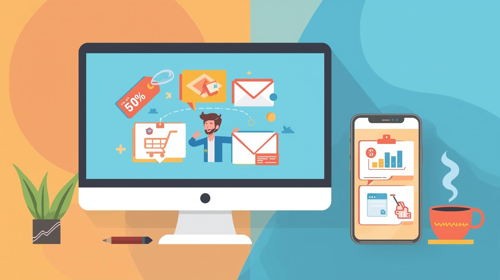Illustration showing different types of email campaigns on a computer and smartphone screen