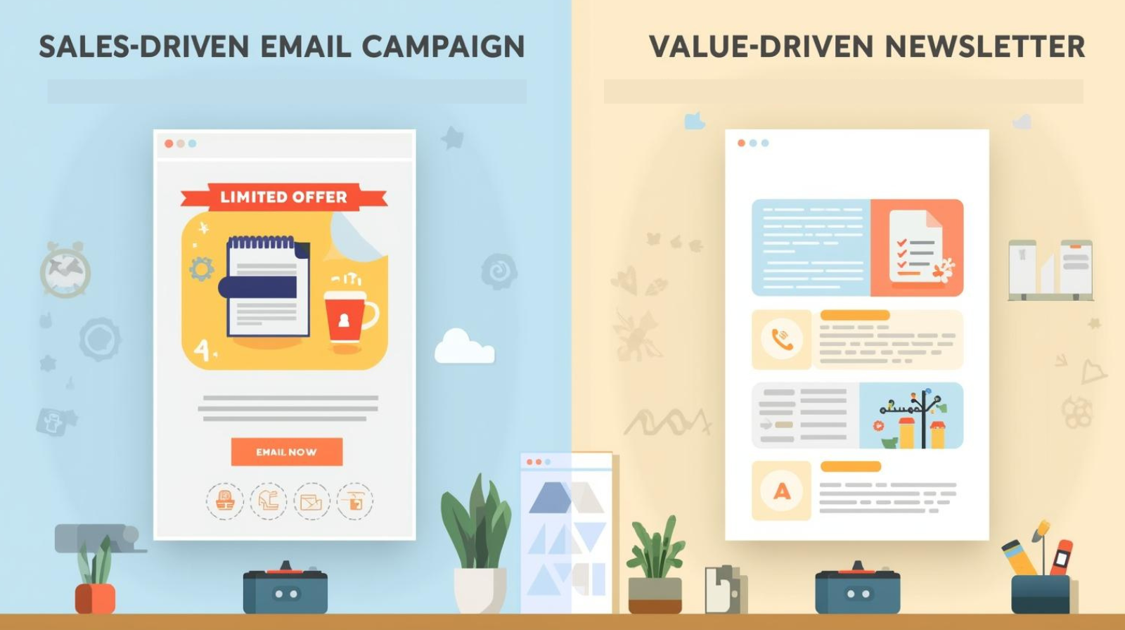 Side-by-side illustration comparing a sales-driven email campaign and an informative newsletter layout.