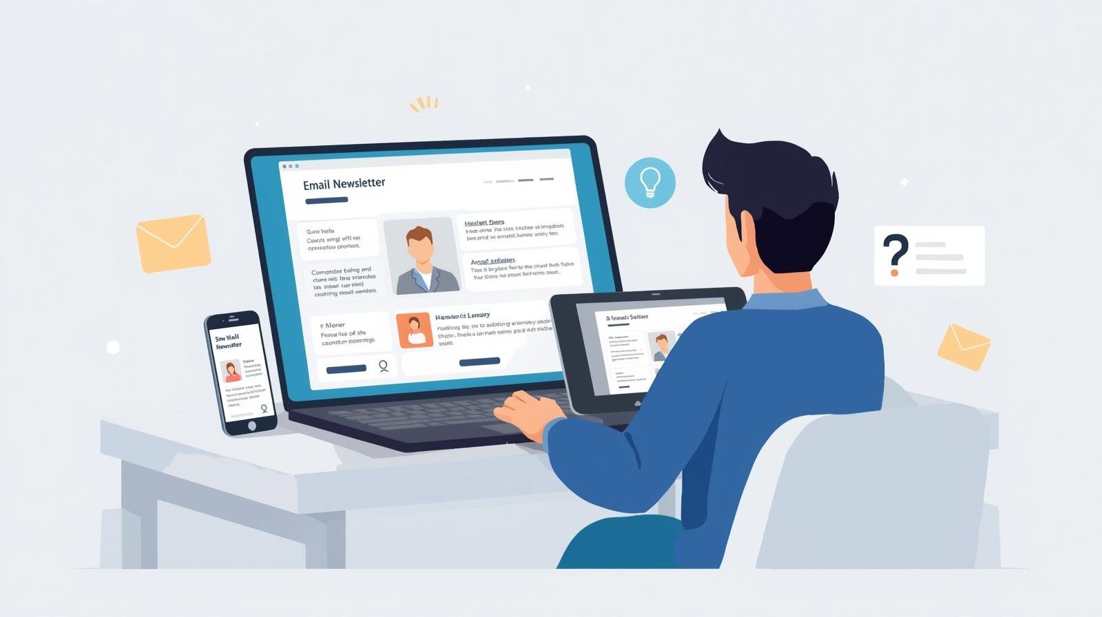 Illustration of a person reading an email newsletter with news, tips, and updates on a laptop and smartphone.