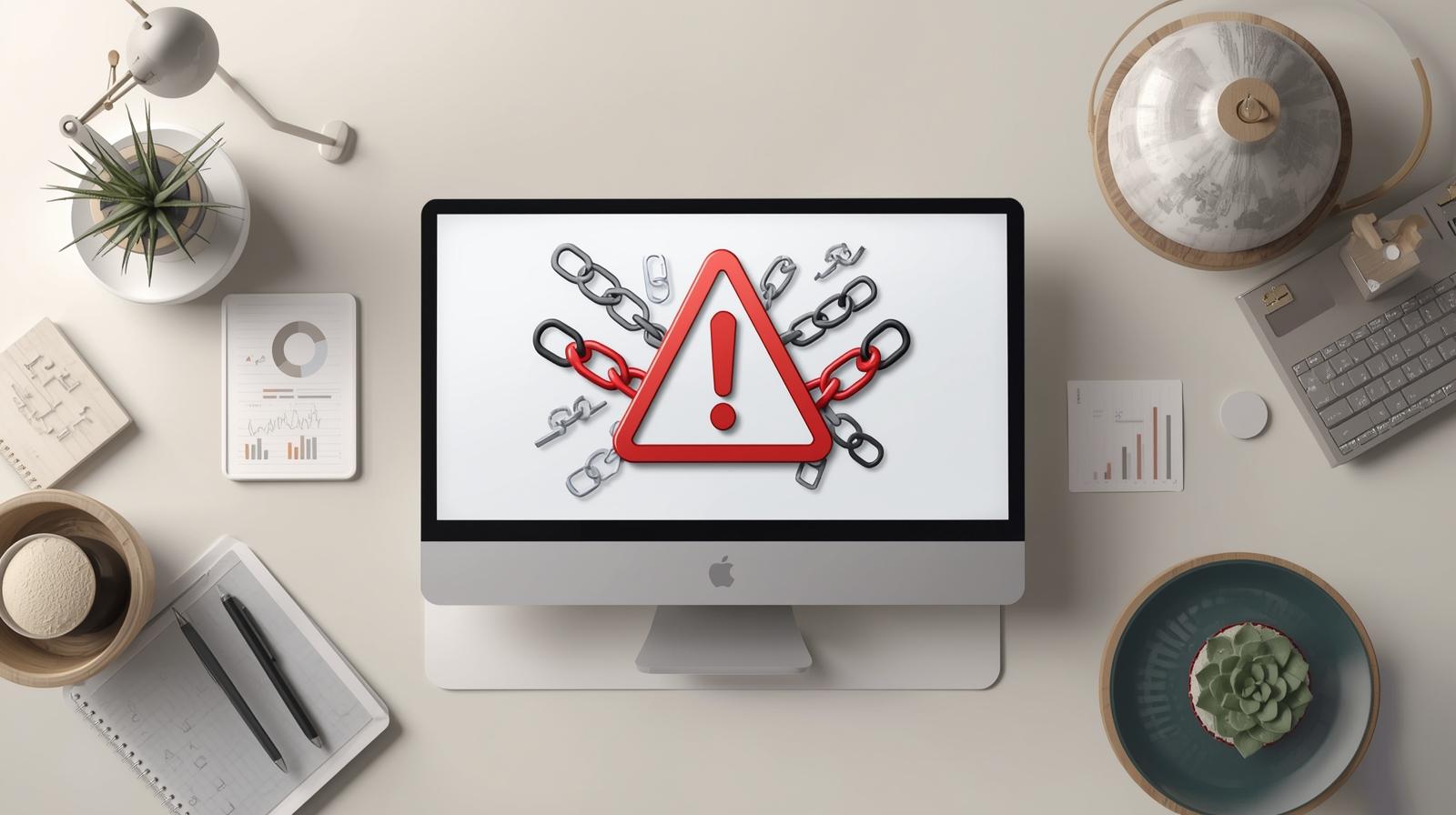 Illustration of SEO link errors with warning icons and broken chain symbols representing common mistakes in internal and external linking
