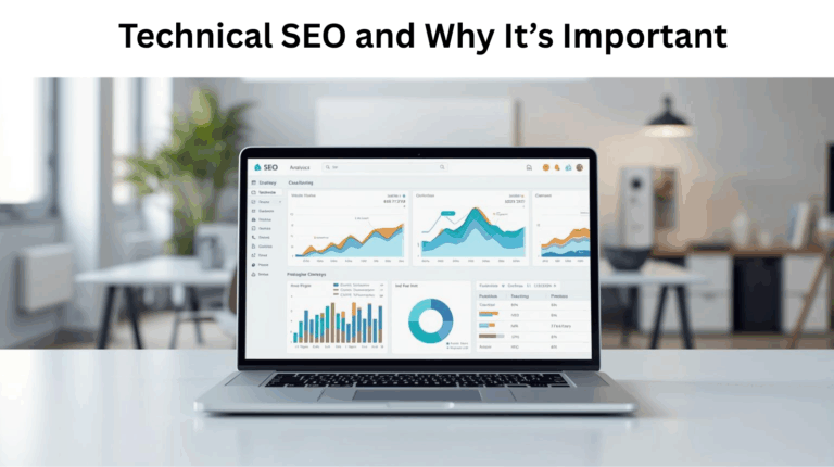 Laptop showing SEO analytics dashboard with traffic graphs and link icons in a bright, minimalist office representing effective website optimization