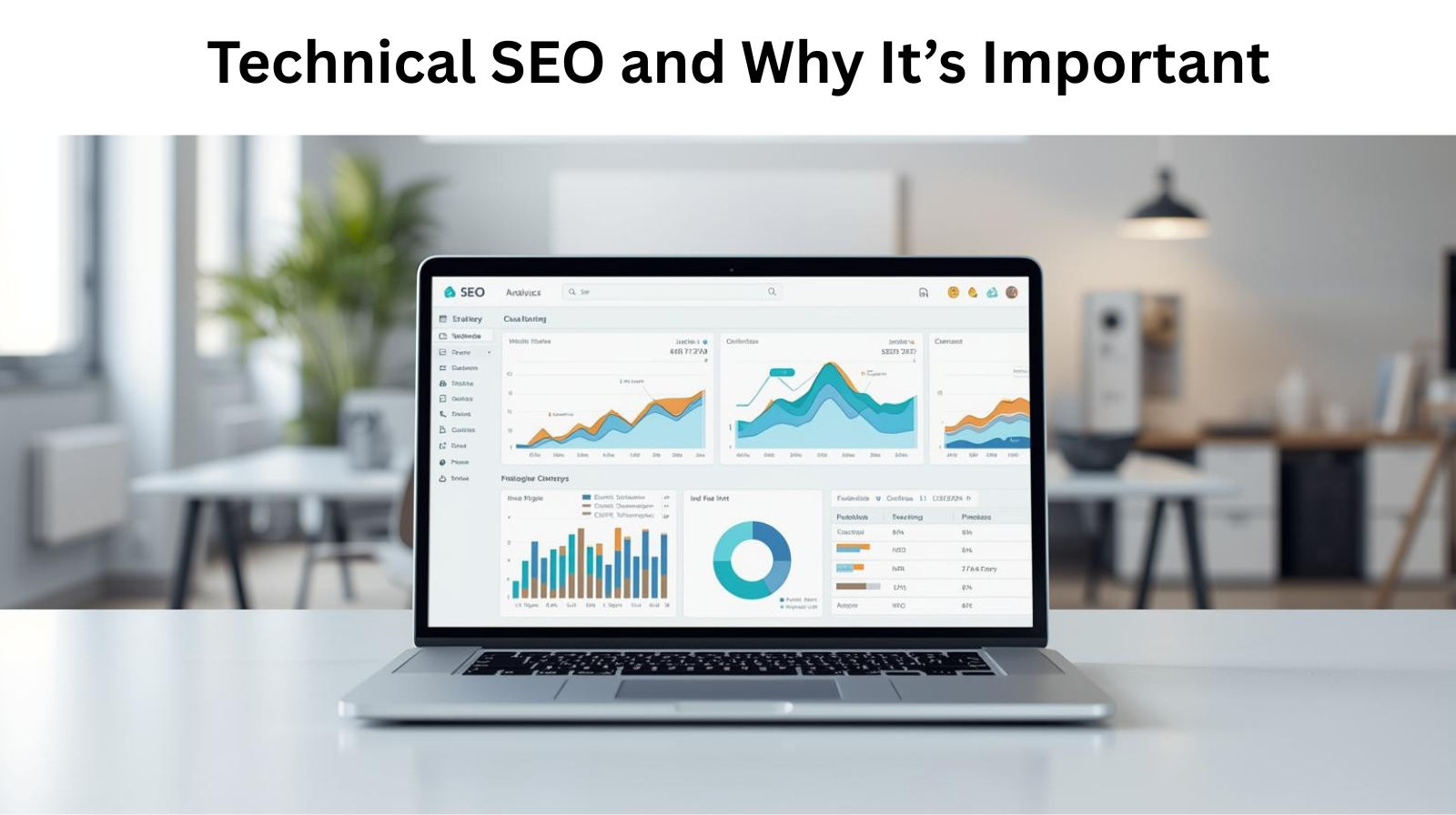Laptop showing SEO analytics dashboard with traffic graphs and link icons in a bright, minimalist office representing effective website optimization