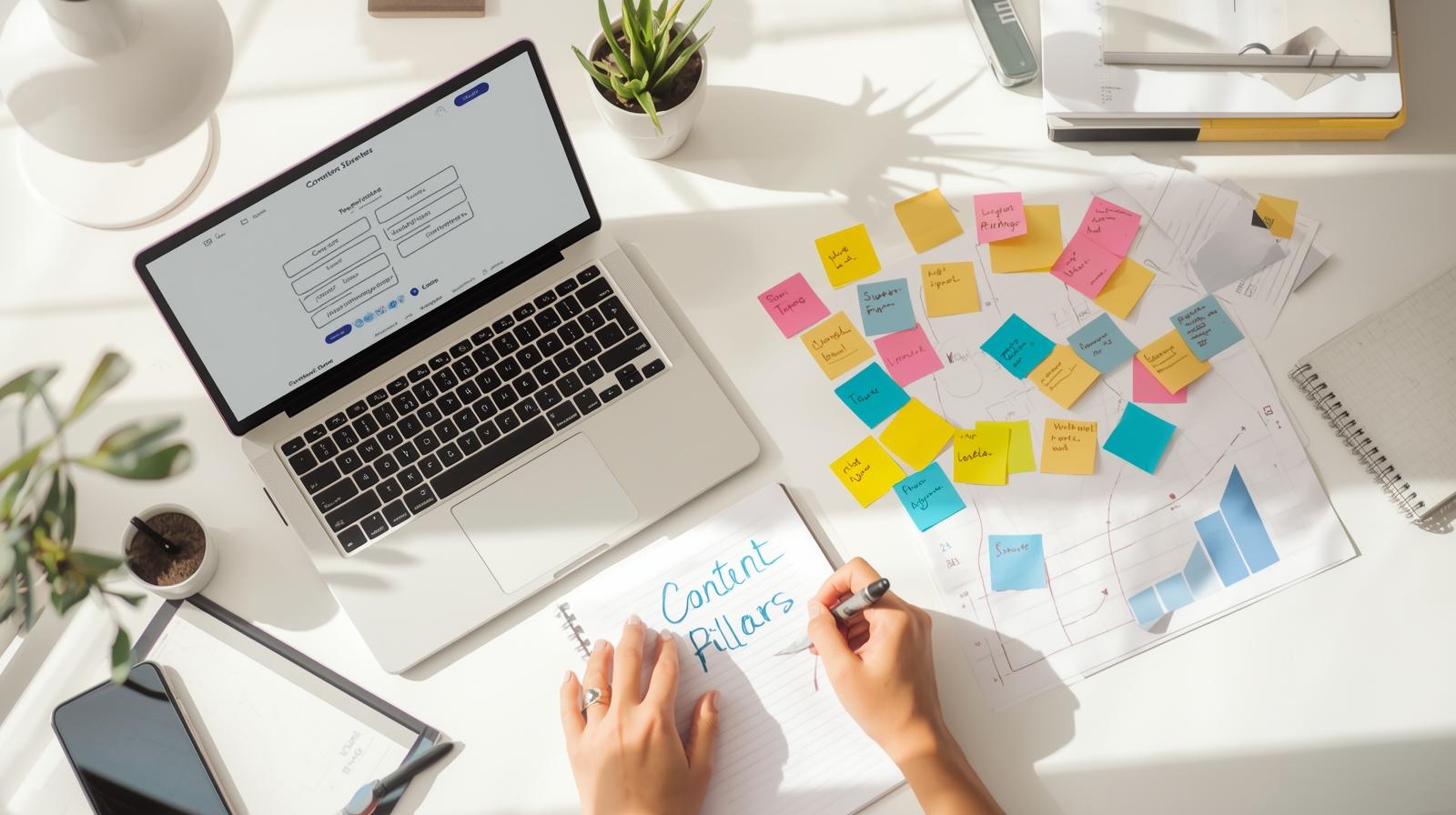 A female digital marketer planning a content strategy on her desk with a laptop, notepad labeled “Content Pillars,” and sticky notes representing topic clusters — illustrating the concept of content pillars.