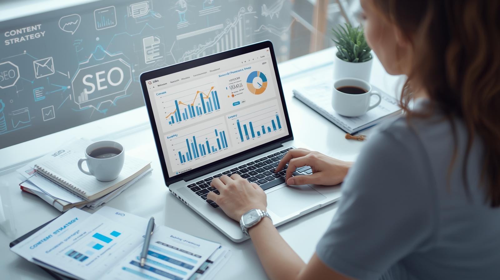 A female SEO strategist analyzing website analytics and SEO performance charts on her laptop, representing how content pillars improve search rankings, engagement, and online authority.