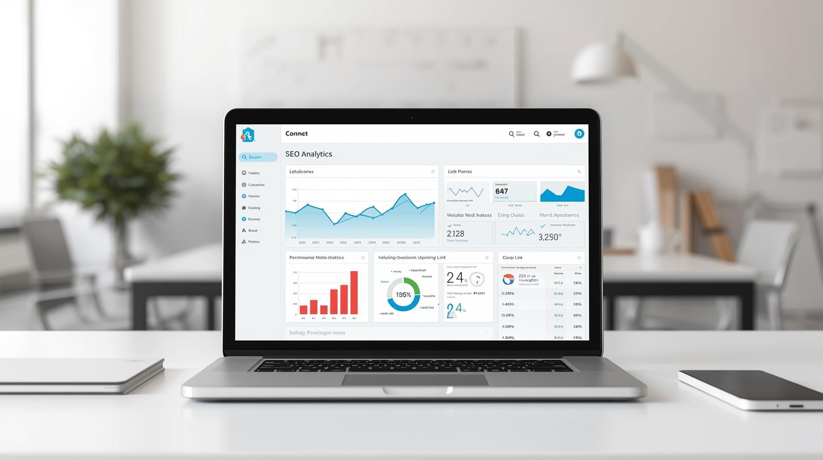Laptop displaying SEO analytics dashboard representing the importance of internal and external links for search optimization”