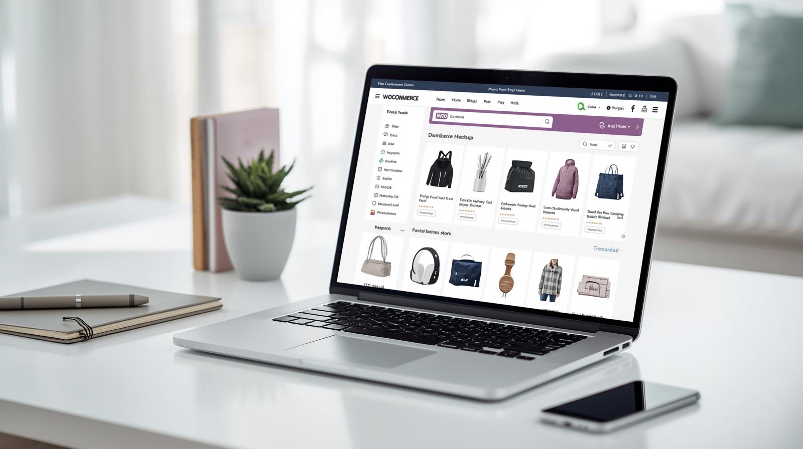 Beginner-friendly WooCommerce online store setup in 2025 with laptop showing dashboard, products, and analytics.