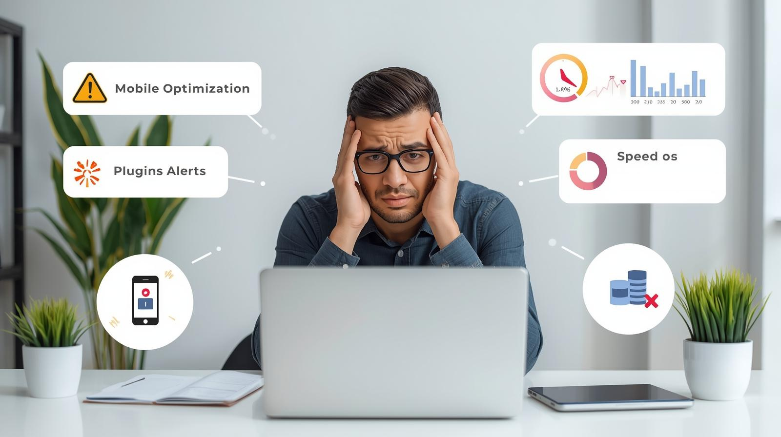 Person reviewing online store performance on a laptop, with visual warnings for updates, mobile optimization, plugins, speed, and security.