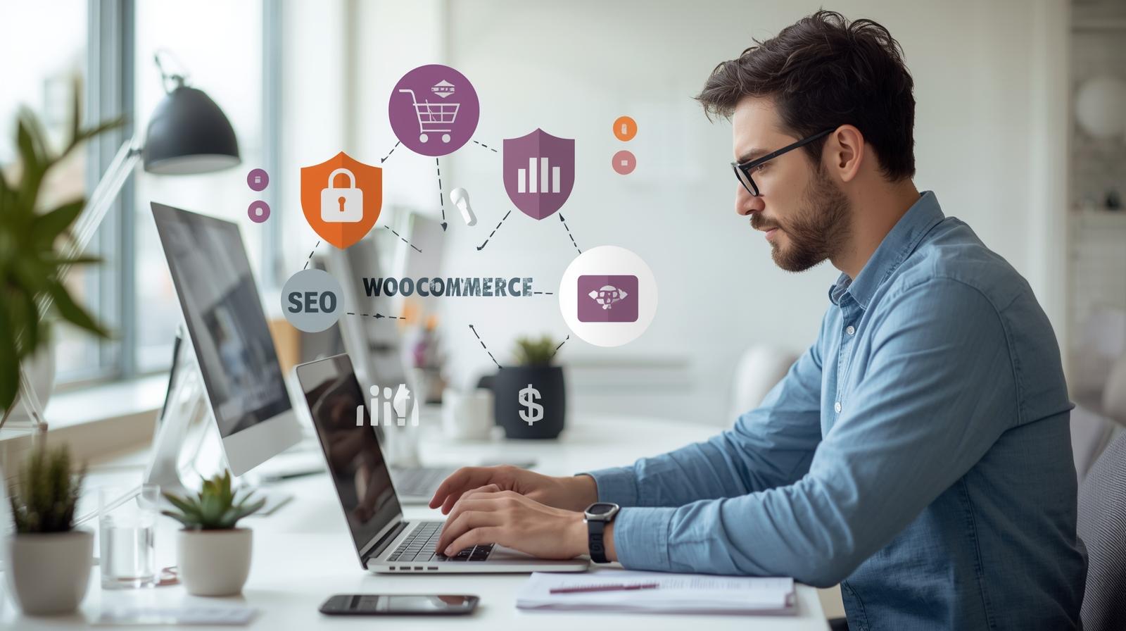Person configuring essential WooCommerce plugins on a laptop, including SEO, security, analytics, and email marketing tools for an online store