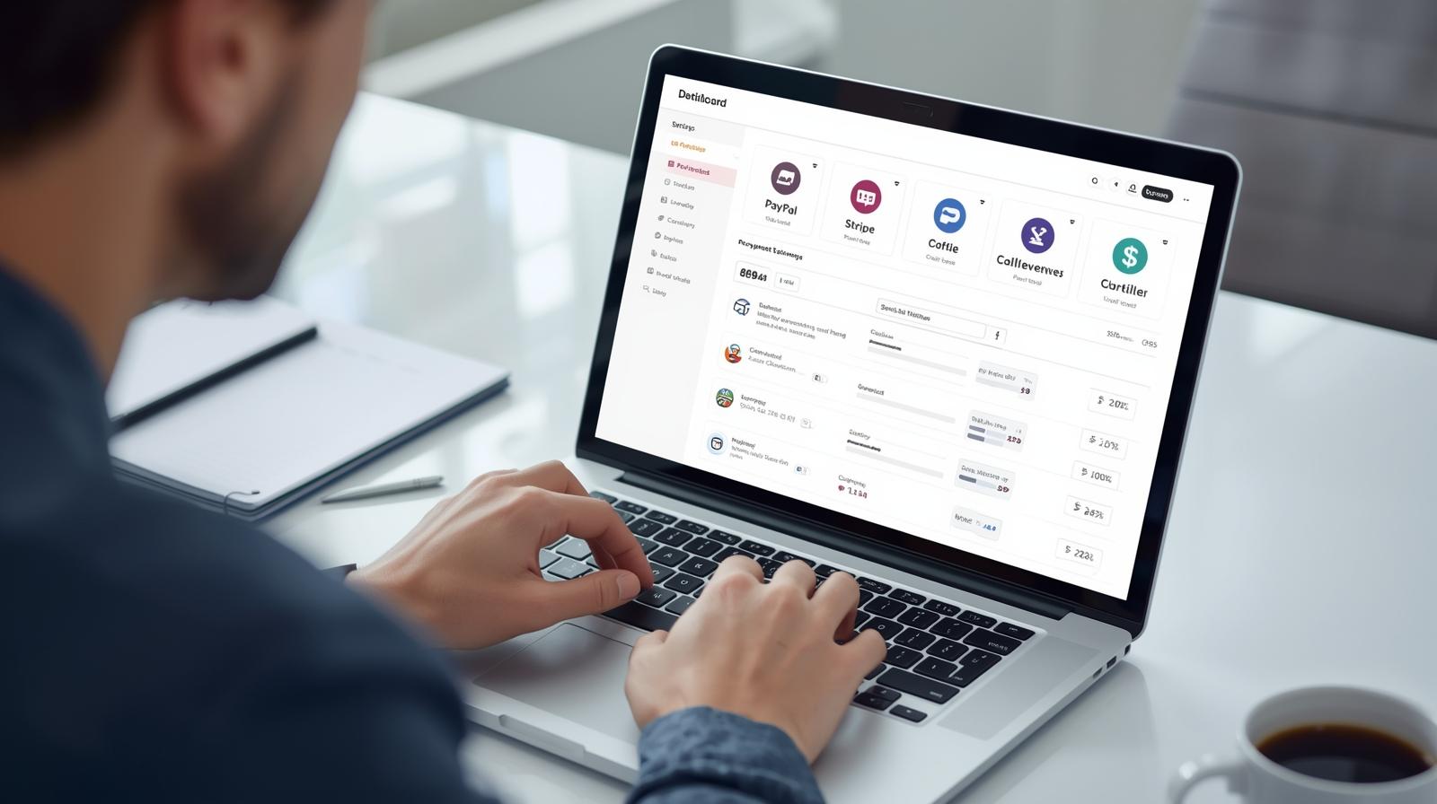 Person configuring WooCommerce store settings on a laptop, showing payment options, shipping zones, and currency preferences for an online store